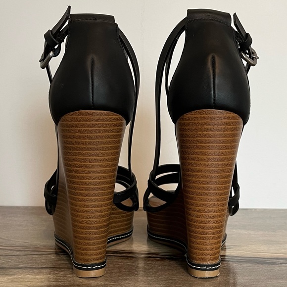 Matisse “Joss” Stacked Wedge Sandals 7.5 Black Leather 5” Heel 1” Platform - Picture 4 of 16